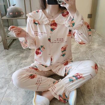Koreanere Pyjamas Kvinder Foråret Efteråret langærmet Nattøj Sæt Bomuld Dukke Løs krave To-stykke med Hjem, der Passer Vinter Pijama Kvindelige