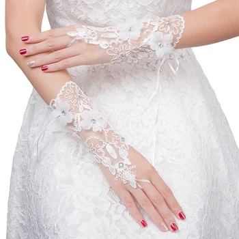 Fashion Gratis Blonde Korte Brude Handsker Hvide Pyntelister Broderet Fingerløse Bryllup Handsker Til Brud Til Ægteskab Tilbehør