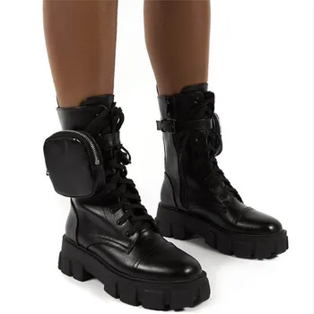 Kvinder Lomme Boot Lace Up Damer Ankel Støvler Kvindelige Spænde Remmen Sort Chunky Sål Pose Ankel Støvler Kvinde Platform Sko Mode