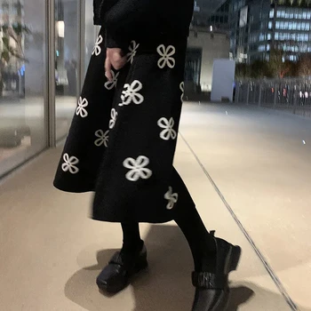 Japansk Elastisk Høj Talje Lange Nederdele Kvinder Kløver Blomster i Strik, Nederdele Efterår og Vinter A-linje Midi-Nederdele til Kvinder Streetwear