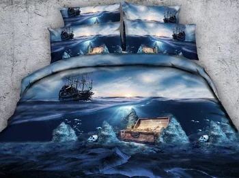 JF-436 Grand blue ocean med pirater elementer seng sæt 4stk kraniet treasure box print sengetøj lagner queen kong duvet dækker
