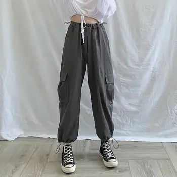 Sorte Cargo Bukser Kvinder Mode Lommer Casual Patchwork I Bukser, Mode Harajuku Efteråret Høj Talje Streetwear Bukser Helt Chic