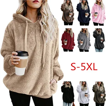 5XL Plus Size Kvinder Hættetrøjer Stor Størrelse Solid Sweatshirt Harajuku Overdimensionerede fleece løs plys pels Vinter Kvindelige Hooded Sweatshirt