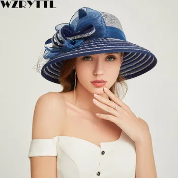 Kvinder er Kentucky Derby Hat Luksus Wide Brim Blomster Fjer til Side Patchwork af Papir, Halm solhat Sommeren Kirke, Fest, Bryllup Hat
