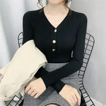 V-Hals Solid Farve Sort Hvid Kvindelige Efteråret Tøj koreanske Trøjer Til Kvinder Pulovers 2020 Vinter Sweater, Tøj F1229
