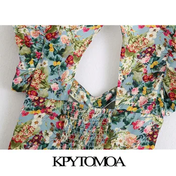 KPYTOMOA Kvinder 2020 Chic Mode Blomster Print Pjusket Mini Kjole Samlet V-Hals Tilbage Elastisk Kvindelige Kjoler Vestidos Mujer