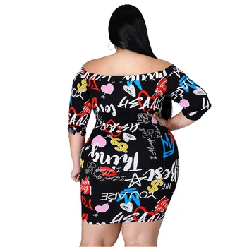 Kvinder Sexy Slash Hals Party Dress 2020 Efteråret nyankomne Lady ' s Plus Size Tegnefilm Udskrivning Lynlås Mini Kjoler Bodycon