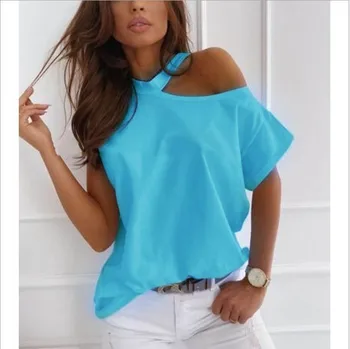 Plus Size Kvinder Sommeren ensfarvet T-shirt-Sexet ud skuldre o-hals kortærmet Tshirt Mode Lady Street og Casual Hvide Toppe