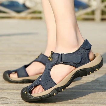 Åndbar Sommeren Høj Kvalitet Sandaler i Ægte Læder Casual Mænd Beach Sandaler, Non-slip Mode Udendørs Herre Sko Stor Størrelse