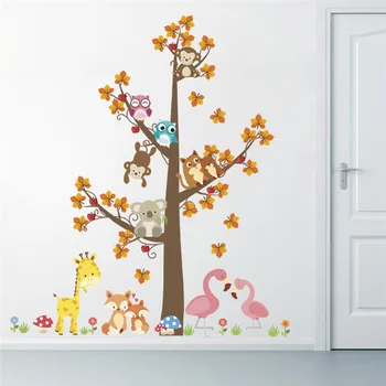 Dejlig Skov, Dyr, Frugt Tree Wall Sticker Til Børnehave Børn Værelses Hjem Indretning Tegnefilm Safari Vægmaleri Kunst Decal