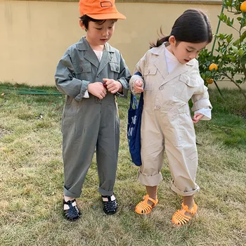 Foråret koreansk stil Drenge Og Piger Solid Farve One-Stykker Mode Unisex Børn Bomuld Løs Buksedragt med Lange Ærmer