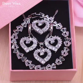 Bedste Kvalitet Dubai Stil hjerte sølv Farve Smykker Sæt til kvinder øreringe, halskæde, ringe, armbånd, vedhæng brude smykker