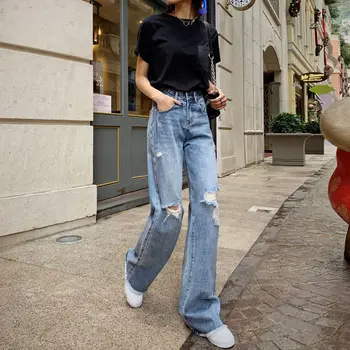 Sexet Foråret Hul Ripped Jeans Til Kvinder Af Høj Elastisk Lys Vasket Vintage Lige Bred Ben Bukser Femme Jeans Denim