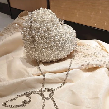 Luksus Håndtasker Perle Hjerte Clutch Taske til bryllupsfest Kærlighed Elegant Tæve Punge hjerteformet Skulder Taske Designer Pung