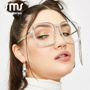 Sen Maries Diamant Square Solbriller Kvinder Mode Klar Linse Krystal Ramme Gradient Blå Te Elegant Tæve Brillerne UV400