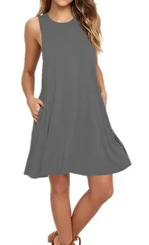God Kvalitet Europa Amerikansk Stil Plus Size Kvinder Vest Kjole Solid Sommer A-Linje halsudskæring knælang Kvindelige Kjole O-Neck Tank kjoler