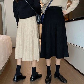 Nederdele Kvinder at Strikke en Solid Midten af Kvindelige Mode Harajuku fransk Vintage Spring Nye Stilfulde Høj Talje Alle-match Enkle, Daglige Chic