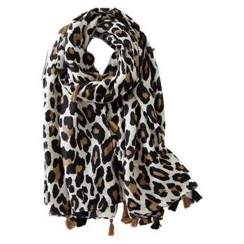 Vintage Leopard Bomulds Tørklæde Kontrast Farve Kvaster Overdimensionerede Store Sjal Wrap