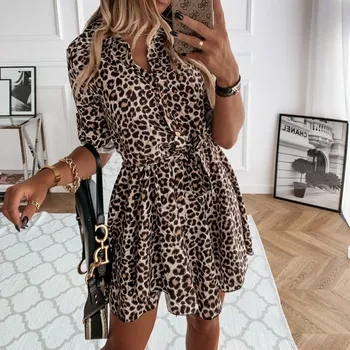 Leopard Skjorte, Kjoler til Kvinder med Lange Ærmer Turn-down Krave Vinger Mini Kjole Efterår Mode Enkelt Knap Kontor Dame Sexet Kjole