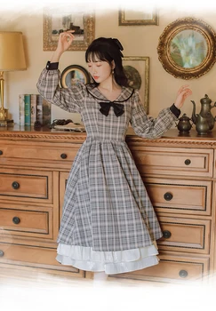 Japansk mori girl lang stil ternet kjole kvinde over knæet plaid dukke krave kjoler efteråret retro kleid