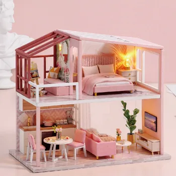 DIY Dukke Hus med møbler, Træ-dukkehuse Miniature Dukkehus Møbler Kit med LED-Legetøj til børn Julegave