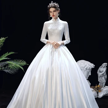 Brude BRUDEKJOLE luksus satin white wedding kjoler med LANGE ÆRMER PLUS SIZE-års-ceremonien Muslimske bryllup KJOLE