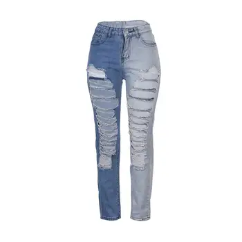 Ripped jeans til kvinder patchwork denim jeans jeans straight leg bukser kvinder, damer blå jeans