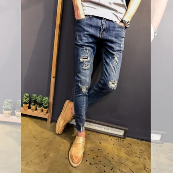 Engros 2020 teenagere Denim Bukser tigger mænd er slim-fit små fødder, flossede jeans mandlig strække sociale ånd fyr blyant bukser