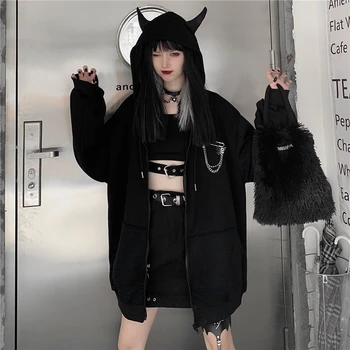 Efteråret Cardigan Kvinder Gotiske Harajuku Langærmet Top-Solid Sort Djævel Med Horn, Sweatshirt Trøjer Casual Streetwear Tøj