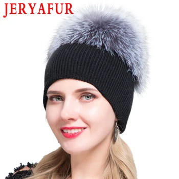JERYAFUR russiske uld efterår og vinter bred bønne cap mænds og kvinders uld strikket hue fritid hat og fox fur opbevaring af hætte