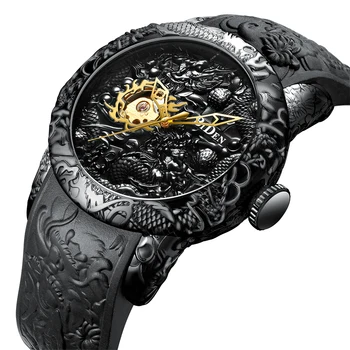 Top Mærke Luksus Mekaniske Ure Mænd Fuld Guld Sort Ure Kreative 3D-Skulptur Dragon Cool Mandlige Hånd Vind Armbåndsur reloj