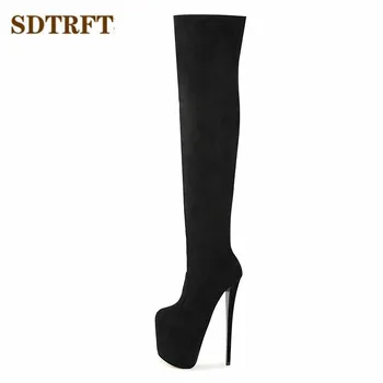 SDTRFT pole dancing 20cm tynd hæle Stiletto over knæet lange støvler platform kvinder pumper damer Elastisk Stof Side Zip sko