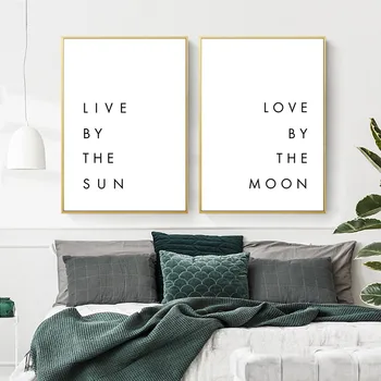 Sort Hvid Kærlighed Citater Leve Af Solen Elsker Af Månen Lærred Maleri Plakat Print Væg Billeder til Soveværelse Home Decor YX066