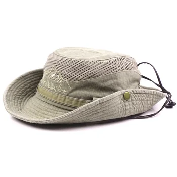 Mænd Bomuld Broderi Hat Udendørs solbeskyttelse Wide Brim Sammenklappelig Boonie Bucket Hat H7JP