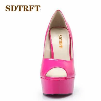 SDTRFT Plus:44 45 46 47 48 Sommer sandaler 16cm tynd hæle sexet kvinde Patent Læder Guld bunde Åben Tå sko damer pumper