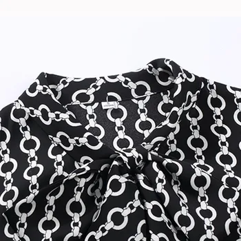 Bow Tie Print Skjorte Kvinder Langærmet Retro Forår, Efterår Nyt Design Slank Chiffon Bluser Kontor Damer Formelle Arbejde Toppe