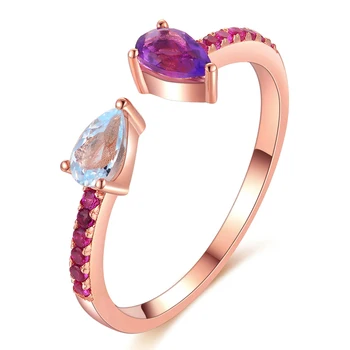 Naturlig Gemstone Ringe Til Kvinder 925 Sølv Enkelt Ametyst Topas Dråbe Vand Klassiske Justerbar Rose Guld Belagt Ringen CCRI043