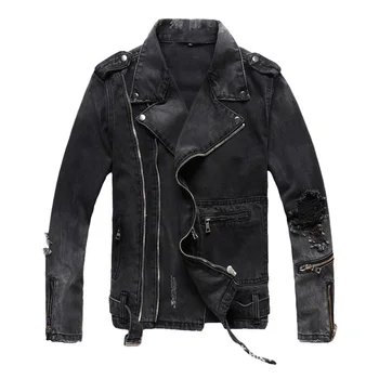 Nye Mænd mandlige mode afslappet lynlåse sort denim jean biker jakke til motorcykel Vintage epaulet huller rippet nødlidende pels