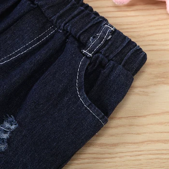 Buksetrold Piger, Tøj Sat Børn langærmet Brev Print Kammusling Sømmet Toppe+ slidte Jeans 1-6Years Outfit