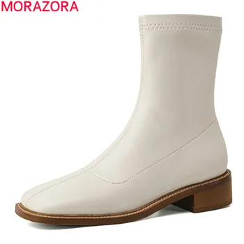 MORAZORA 2020 Stor størrelse 34-43 fashion kvinder brand støvler i ægte læder sko med lav hæl firkantet tå enkel ankel støvler