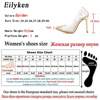 Eilyken Pvc Klar Golden Diamond-Transparent Sexet Kvinder sko Crystal Rhinestones Pumper Spidse tå høje hæle Kvinder størrelse 41 42