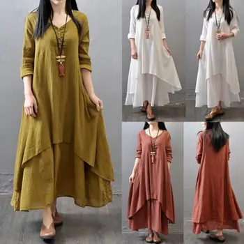 Kvinder, Etniske Boho Bomuld Langærmet Kjole Vintage Elegante Kausale Sommer Maxi Kjoler Kvinder 2019