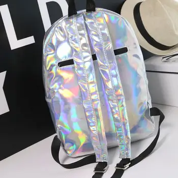 Kvinder rygsæk hologram laser rygsække pige skoletaske kvindelige enkle sølv tasker læder holografiske sac a main