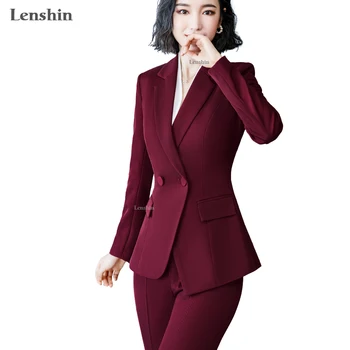 Lenshin 2 delt Sæt Enkle Formelle Bukser Kulør Blazer med Lommer Kontor Dame Designs Kvinder Single Breasted Jakke og Bukser