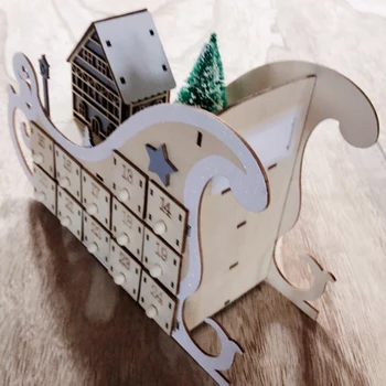 Træ Hus Slæde Træ-julekalender Nedtælling julefrokost Indretning 24 Skuffer med LED Lys
