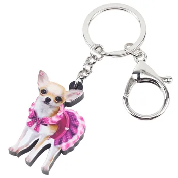 Bonsny Akryl Sød Lyserød Kjole Chihuahua Hund Nøgleringe Nøglering Ringe Dyre Smykker Til Kvinder Girl Damer Håndtaske Bil Charms