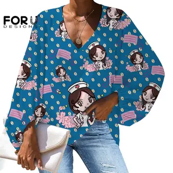 FORUDESIGNS Stor Størrelse Chiffon Bluse Til Kvinder Polyester Bluse langærmet Shirts Dejlig Sygeplejerske Tegnefilm Mønster Kvinder Trendy