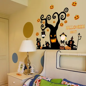 Sjove Halloween Wall Sticker Græskar Grimasse, Træ Decals Børnehave Børn Værelses Ferie Indretning Vægmaleri Selvklæbende Festival Plakat PVC