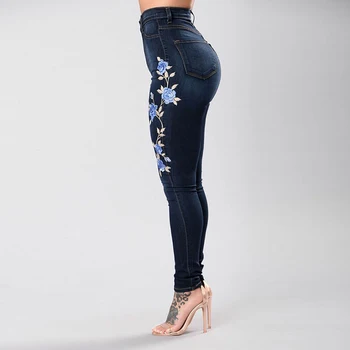Stræk Broderede Jeans Til Kvinder Elastisk, Blå Blomst Jeans Kvinder Blyant Denim Bukser Rose Mønster Pantalon Femme