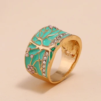 Hot Flower Tree Ring Mode Guld Pink Opal Grøn Emalje Bred Ring Kvinde Part Crystal Vintage Smykker 2020 Ny